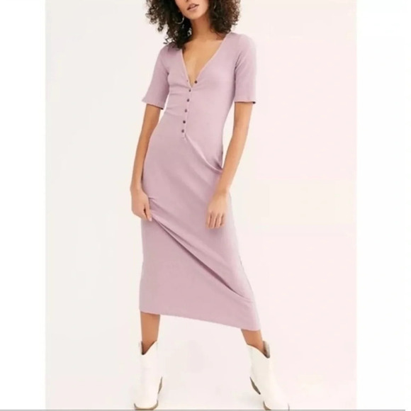 Free People Dresses & Skirts - Free People FP Beach Lulu Henley Dress  Maxi Purple Ribbed V-neck Rib Knit
